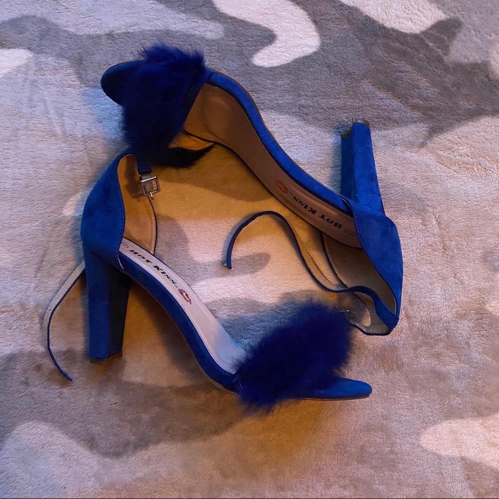 Faux fur open toe heels